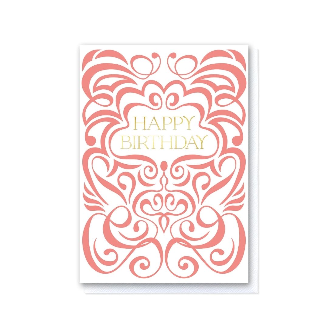 Coral & White Swirl Happy Birthday Card in Gold Foil