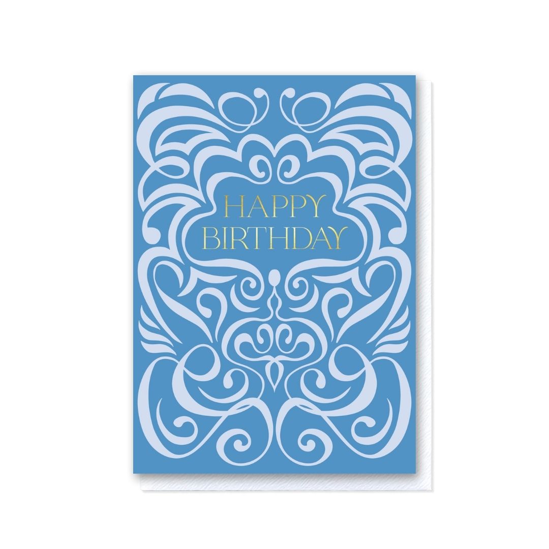 Blue Two-Tone Swirl Happy BIrthday Card in Gold Foil
