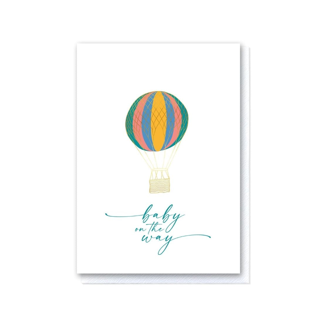 Up and Away Bright Hot Air Balloon Baby On The Way Card
