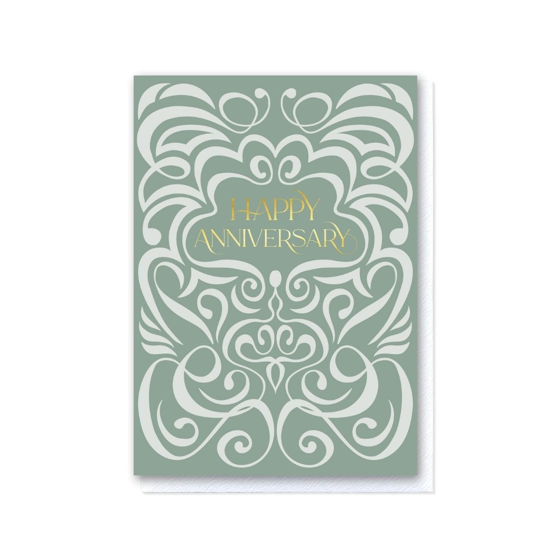 Sage Green Swirl Happy Anniversary Card in Gold Foil