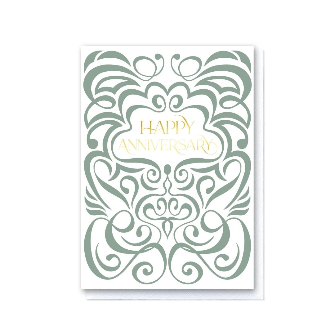 Sage Green & White Swirl Happy Anniversary Card in Gold Foil