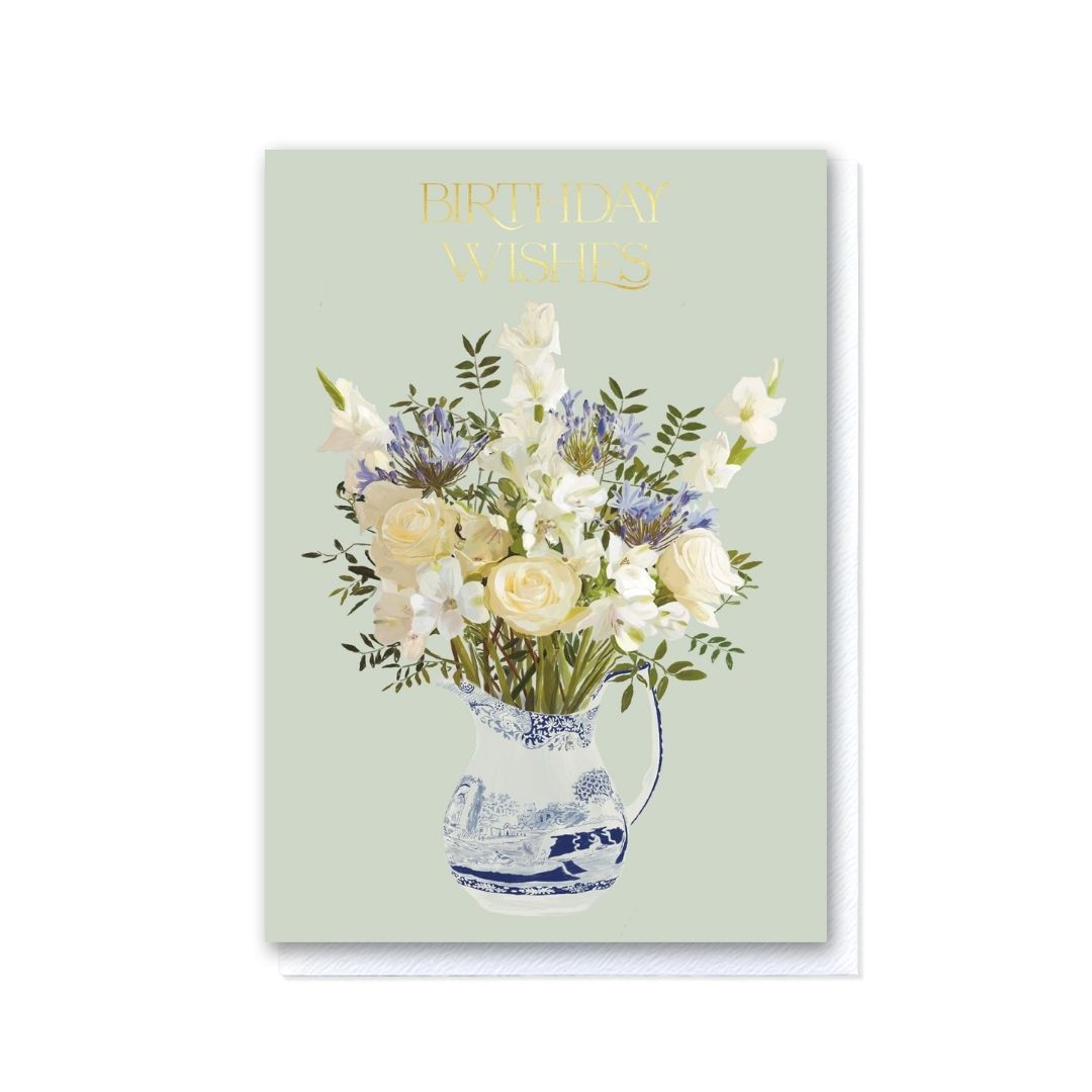 Blue and White Flowers in a Spode Jug Birthday Wishes Card