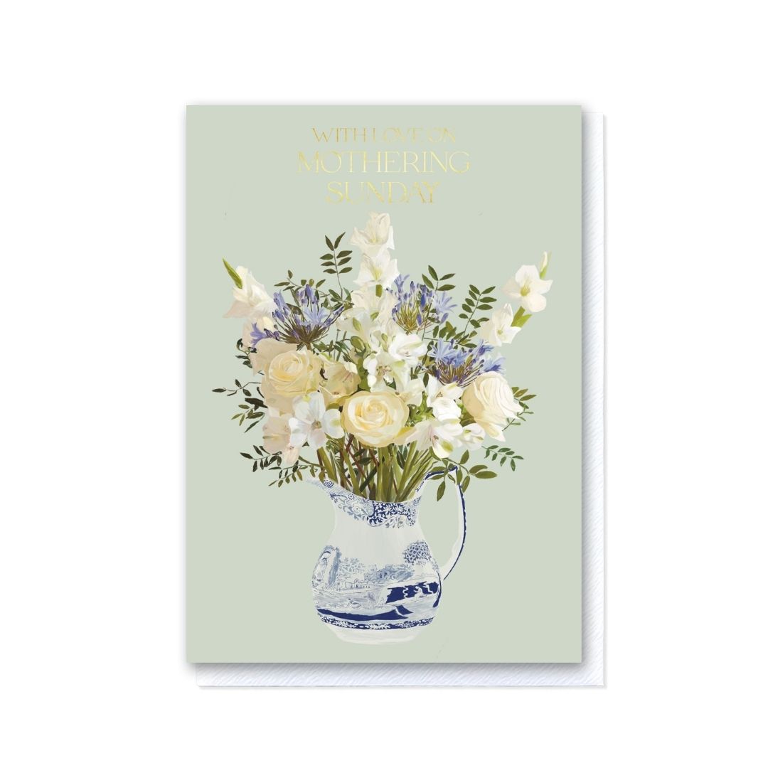 Blue and White Flowers in a Spode Jug With Love on Mothering Sunday