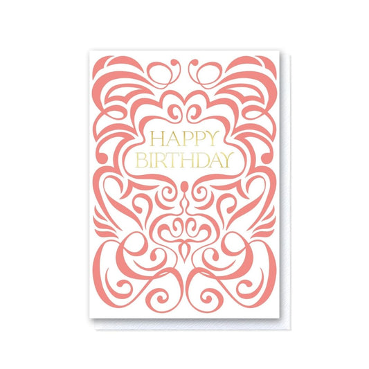 Coral & White Swirl Happy Birthday Card in Gold Foil