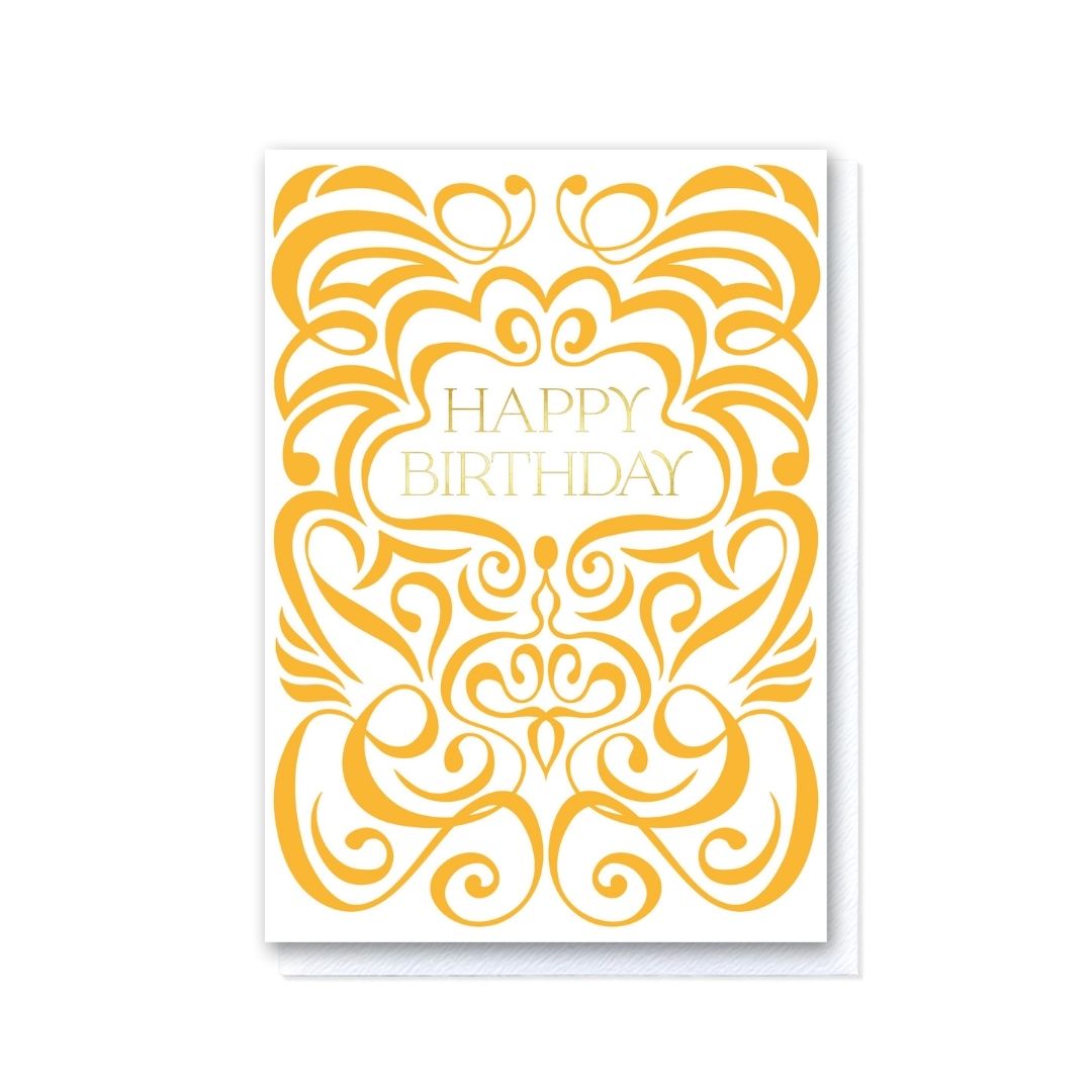 Mustard & White Swirl Happy Birthday Card in Gold Foil