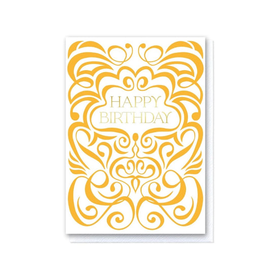 Mustard & White Swirl Happy Birthday Card in Gold Foil