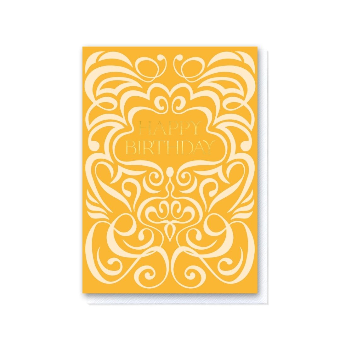 Mustard Two-Tone Swirl Happy Birthday Card in Gold Foil