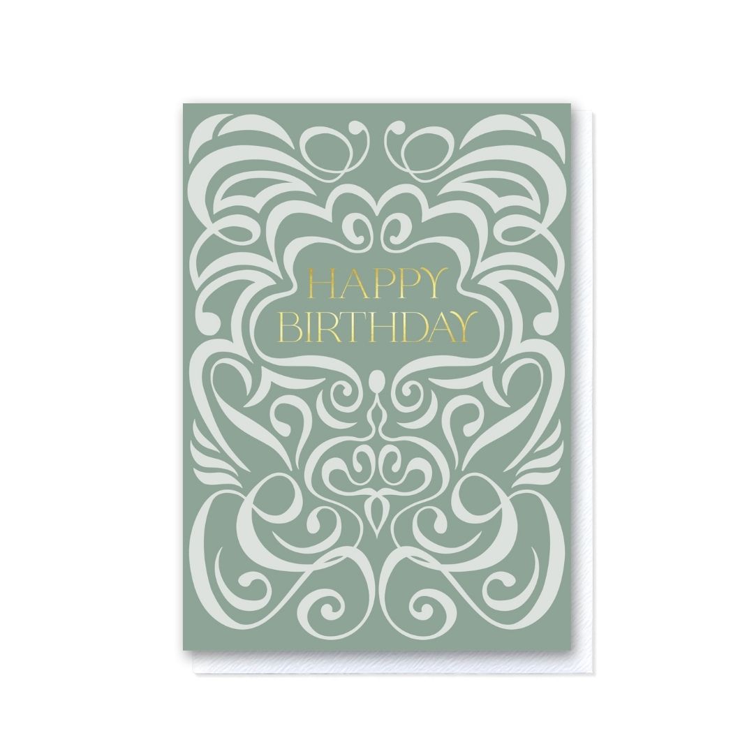 Sage Green Two-Tone Swirl Happy Birthday Card in Gold Foil