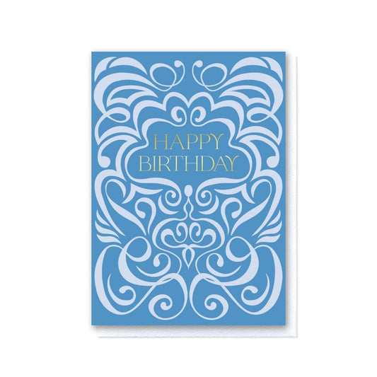 Blue Two-Tone Swirl Happy BIrthday Card in Gold Foil