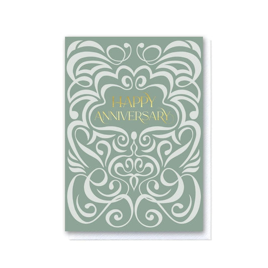 Sage Green Swirl Happy Anniversary Card in Gold Foil