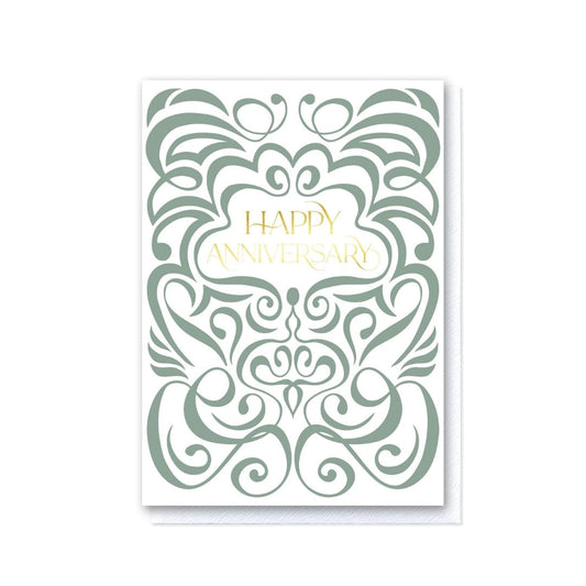 Sage Green & White Swirl Happy Anniversary Card in Gold Foil