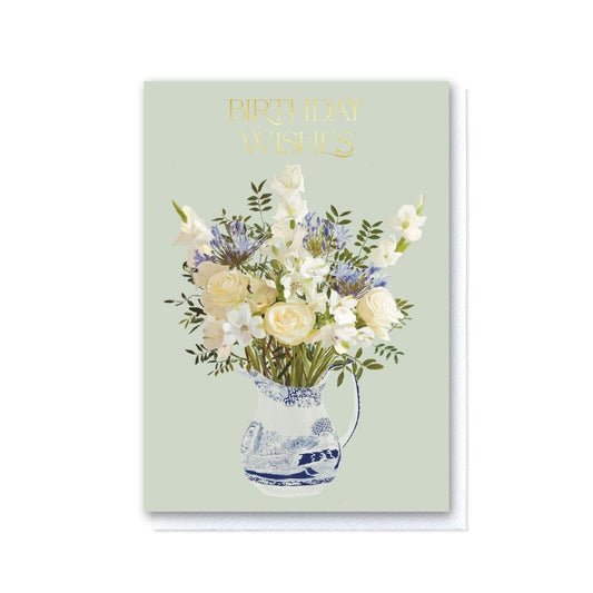 Blue and White Flowers in a Spode Jug Birthday Wishes Card